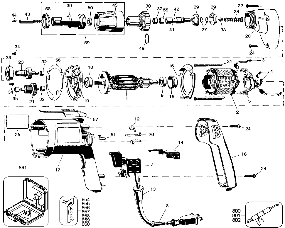 Default Diagram and Parts List for 2049K Type 100 Black and Decker Screwdriver